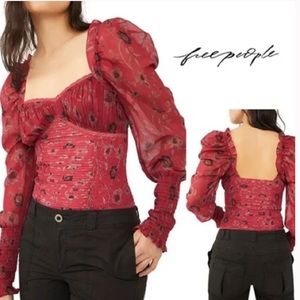 Free People Boho Brunch Date Floral Print Long Sleeve Bodysuit Top , Siz…